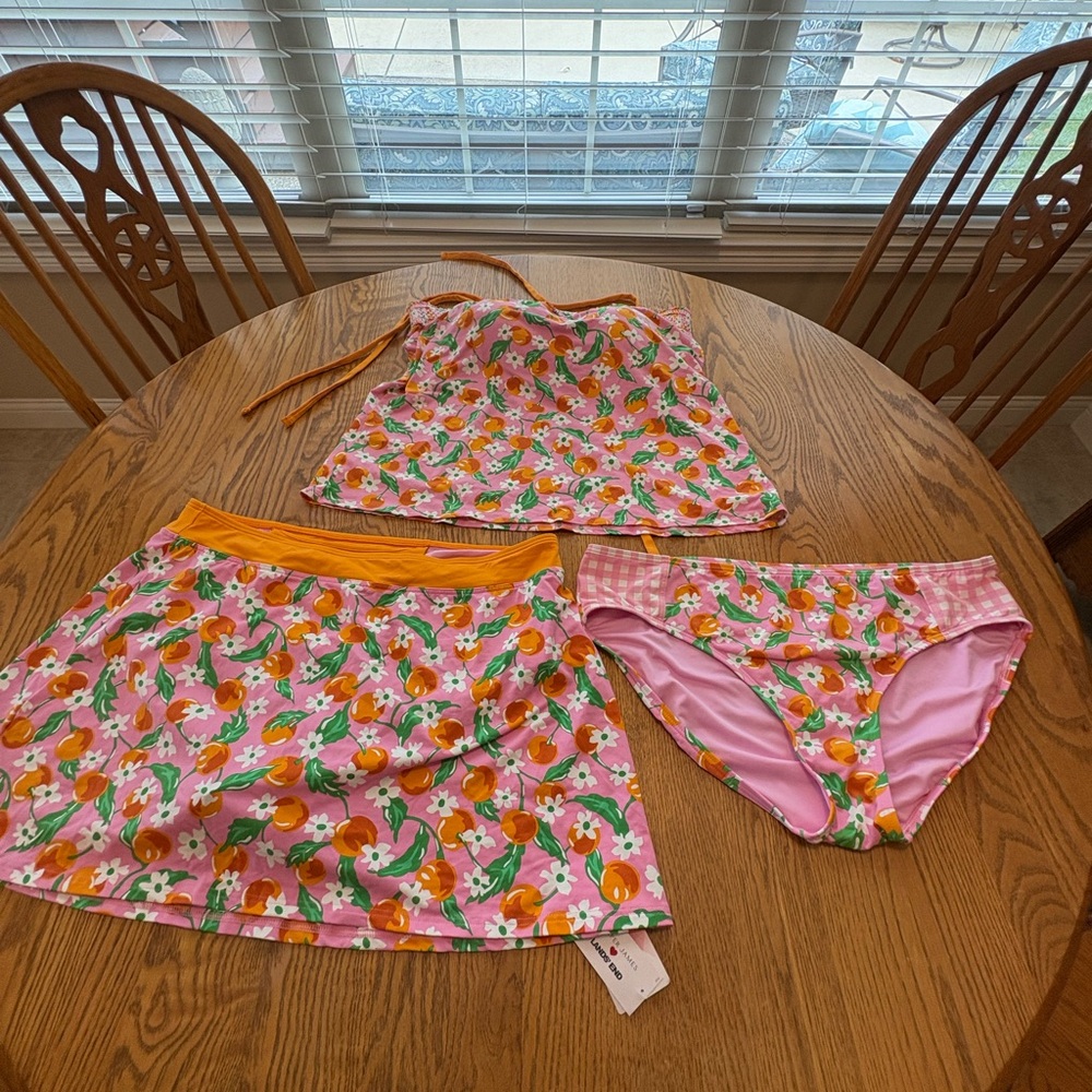 Lands End x Draper James Orange Print Pink Bikini Bottom Skirt NWT & Top Set 16